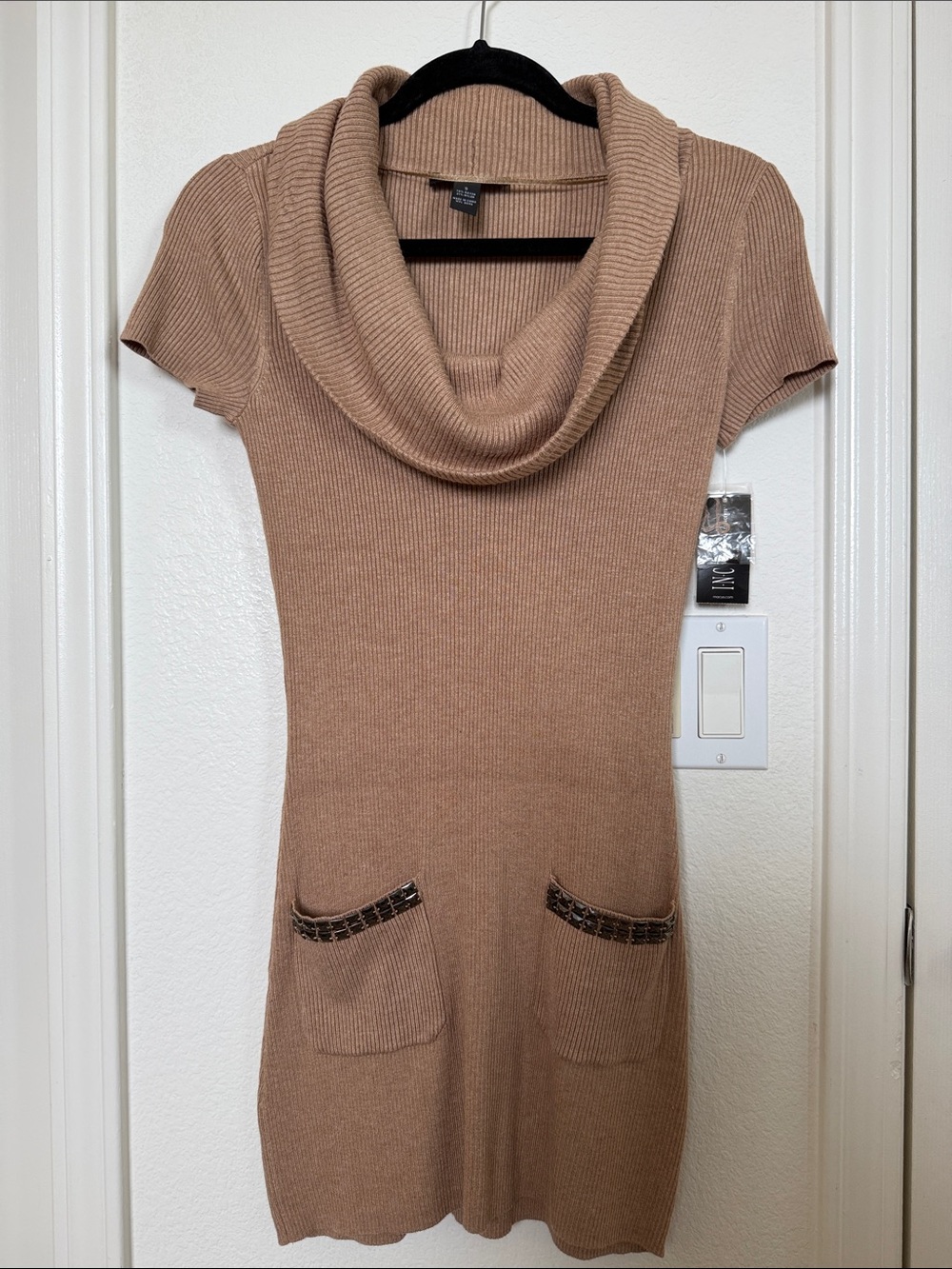 INC International Concepts Camel Ribbed Cowl-Neck Mini Dress